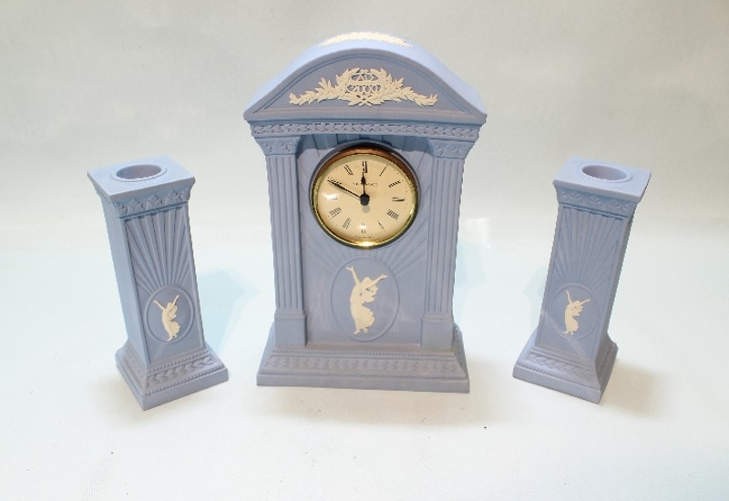빈티지 영국 웨지우드 제스퍼웨어 블루 댄싱아워 한정판 시계&amp;촛대 세트 , 엔틱하우스